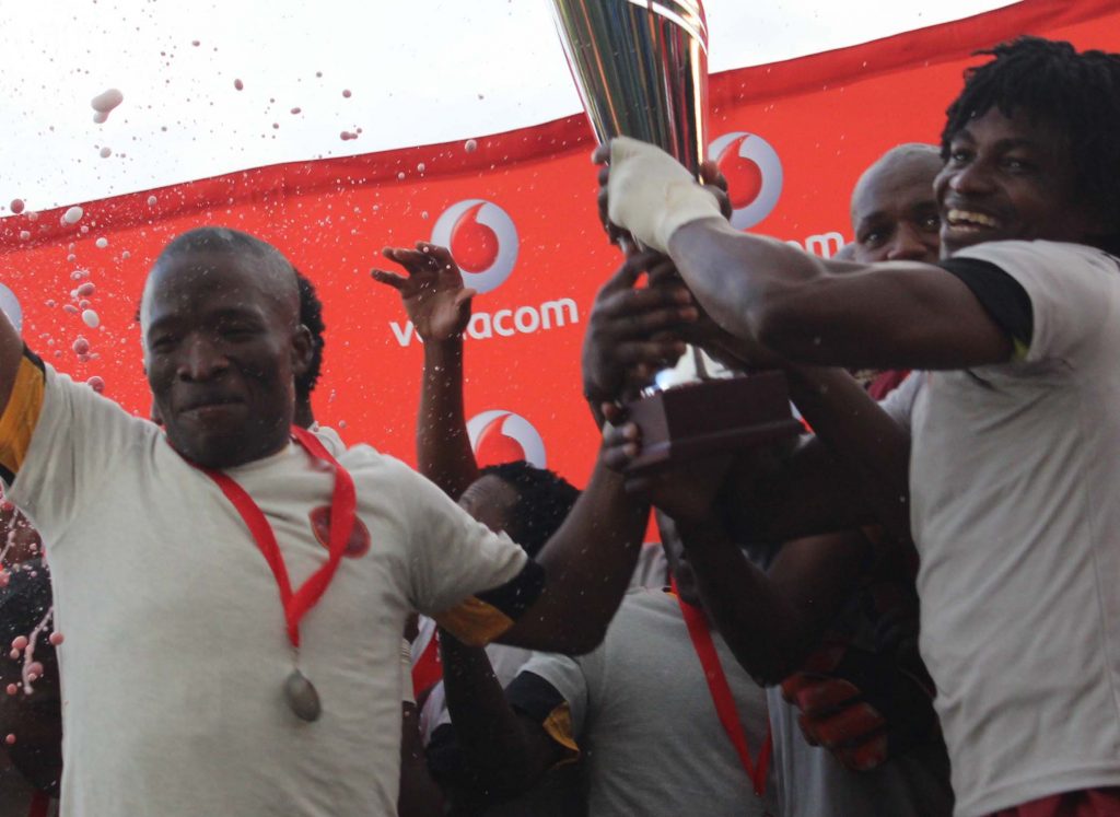 CHAMPIONS! LIOLI Players hoisting the Vodacom Premier League Trophy after a long campaign at Setsoto Stadium 