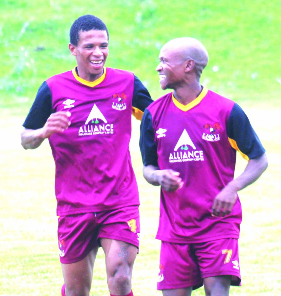 Lioli striker Montoeli Sonopo, right, and fellow forward Ts'oanelo Koetle have been instrumental in their team's run off good form in the first half of the season