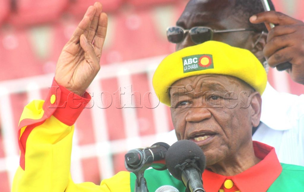 Prime Minister Thomas Thabane addressing scores of ABC supporters during the the party's launch of it's website and mobile phone at Setsoto Stadium 