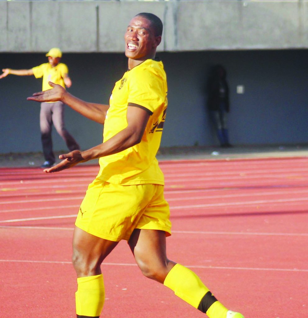 Bantu striker, Lazola Tjokotjokoana celebrates winning goal  to beat Matlama(3-1) on Sunday during Top-8 Final at Setsoto Stadium (8)