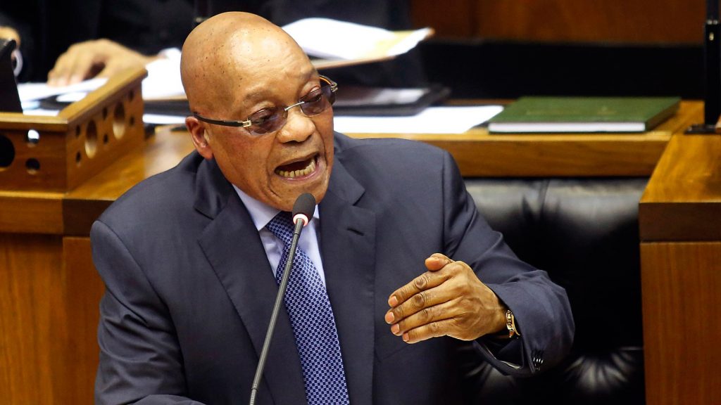 FILE - In this Thursday, March 17, 2016 file photo South African president Jacob Zuma, answers questions in parliament in Cape Town, South Africa.  South Africa's Constitutional Court ruled Thursdau, March 31, 2016  that President Jacob Zuma "failed to uphold" the law when he did not pay back some state funds used to upgrade his personal residence. (AP Photo/Schalk van Zuydam, File)